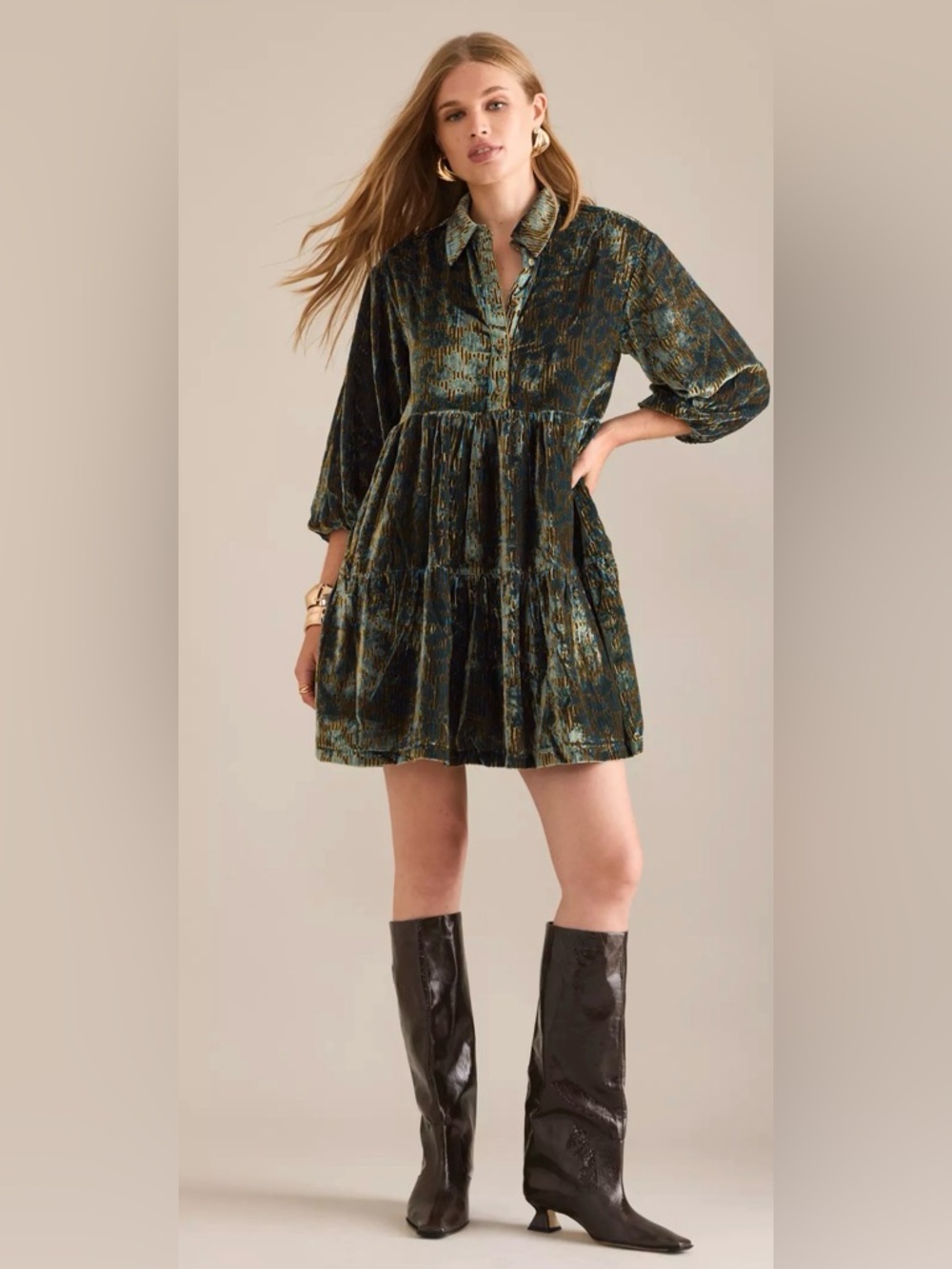 NWT The Bettina Tiered Shirt Dress by Maeve, Mini Velvet Edition size XS